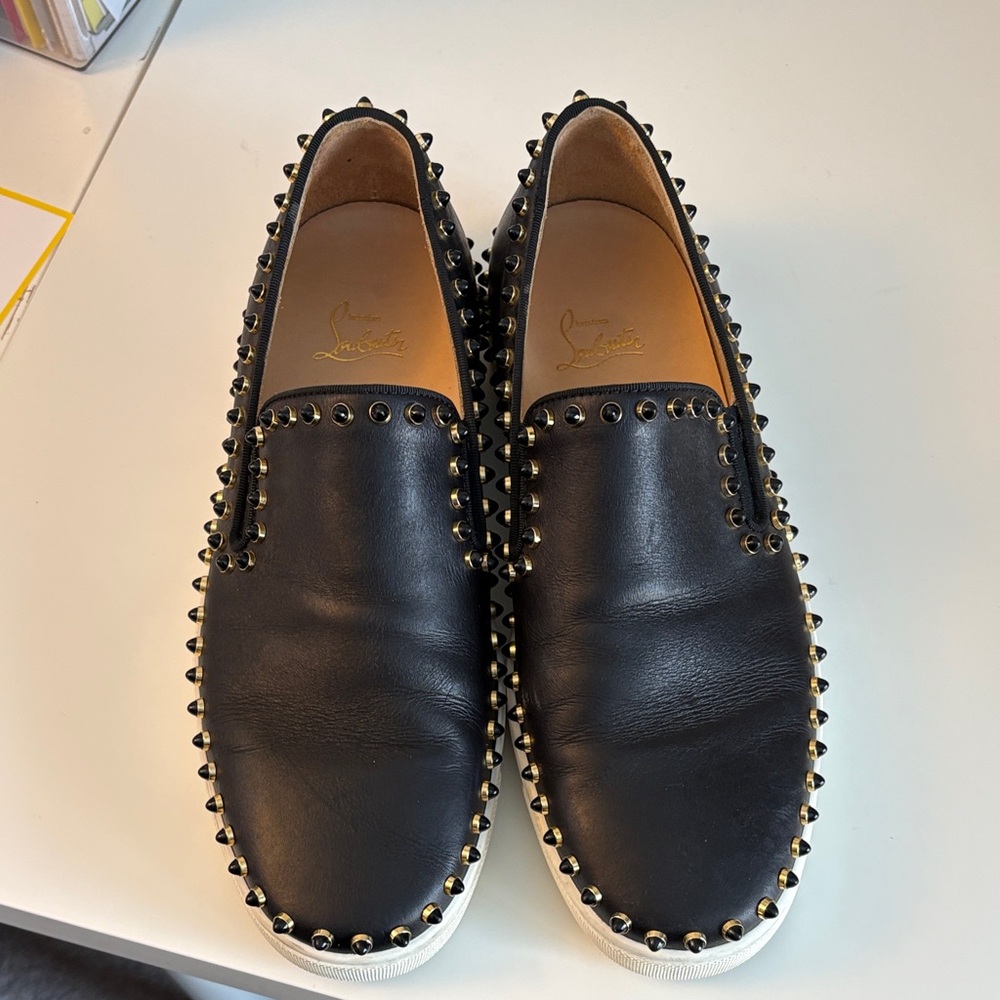 Christian Louboutin Black Studded Leather Slip-On Shoes